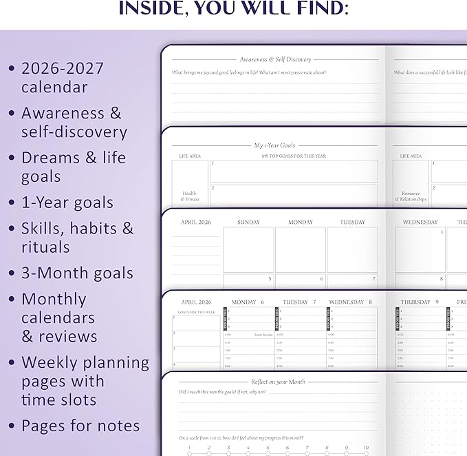 Legend Dated Hourly Weekly Planner 2026 – Daily, Monthly & Yearly Agenda with Time Slots – Hardcover Organizer Journal, 5.8x8.3” (Purple)