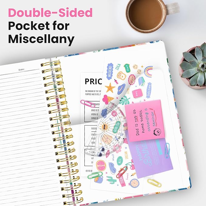 Large Lined Spiral Journal for Women Cute Hardcover 5 Subject Notebook for Work 8.5" x 11" with Removable Dividers & Tabs, College Ruled, 280 Pages Aesthetic Journal for Work, School & Note Taking, Bloom Floral