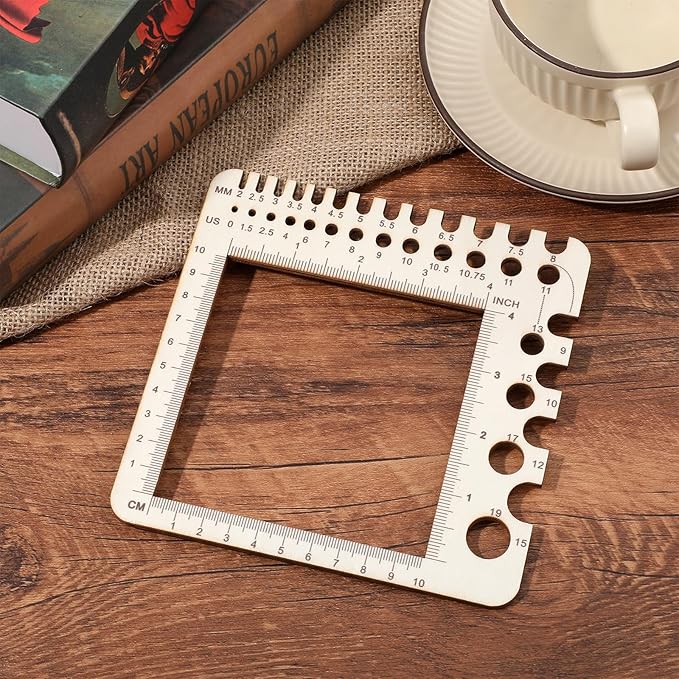 Wooden Knitting Crochet Gauge Ruler, Premium Pine Needle Sizer Stitch Counter Spinner Yarn Measure Tool with Circular Ruler & Rectangle Sizer for Crafting Projects (15cm/5.91in)