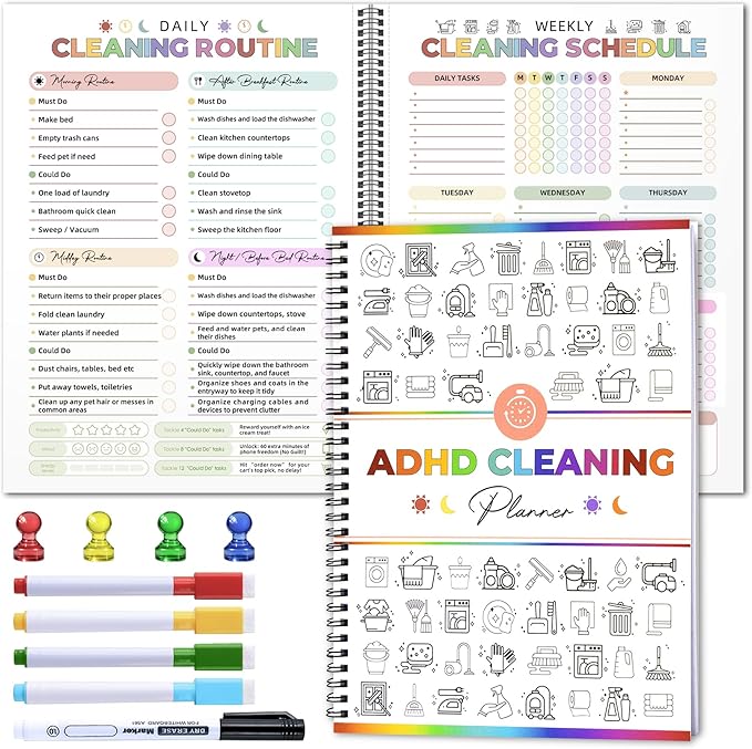 Adhd Cleaning Planner - Reusable Adhd Clean Planner for Adults Cleaning and Organizing Planners Daily Weekly Monthly - Cleaning Schedule and Checklist ADHD Planners for Women Editable Household Schedule Planners 2026