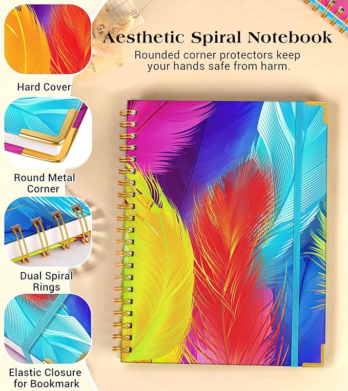 Lined Spiral Notebook Journal for Women, 150 Pages Cute Notebooks 5.75” x 8.38”, A5 Hardcover Spiral Journals with 100 GSM Thick Paper, College Ruled Notebook for Writing Work School, Colorful Feather