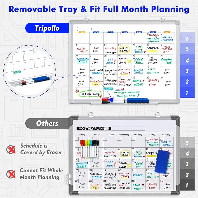 Dry Erase Calendar Whiteboard for Wall, 36" x 24" Magnetic Monthly White Board Calendar Dry Erase, Wall Hanging Aluminum Frame with Tray for Home, School, Office (Silver Frame)