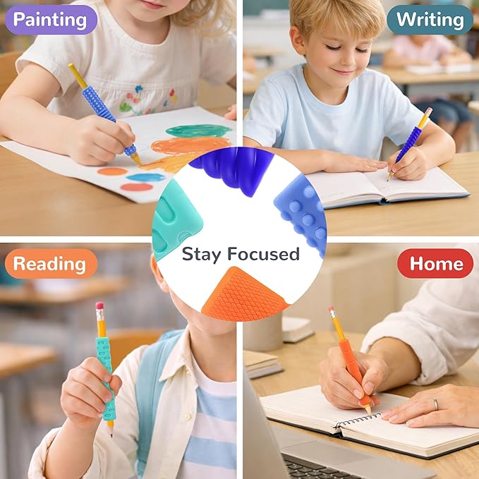 Textured Silicone Pencil Grips, Sensory Pencil Fidget Sleeves for Kids, Teens, Adults with ADHD, Autism, Anxiety Relief, Writing Aid Tools ADHD Tools (4 Packs)