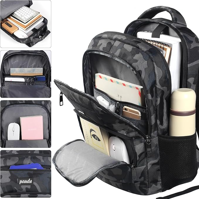 Paude 17 inch Travel Business Backpack for Men,College Backpack School Bookbag for Teens,Laptop Bookbag with USB Port and Headphone Hole,Camouflage Black
