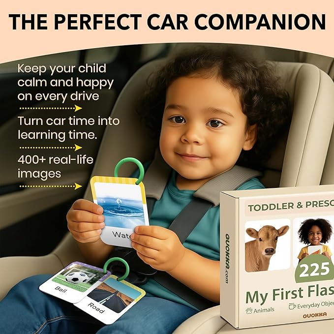 QUOKKA 225 Toddler Flash Cards with Rings – Realistic Learning Cards for Ages 1–3 – Alphabet, First Words, Animals etc – Portable Montessori Flashcards for Car Rides, Stroller Walks, Shopping &Travel