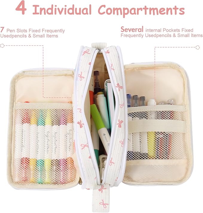 BuyCard Large Capacity Cute Pencil Case, Aesthetic Pen Pouch, White with Pink Bow Pattern Pencil Bag, Kawaii Stationery Storage and Organizer, Supplies for Teen and Adult Girls