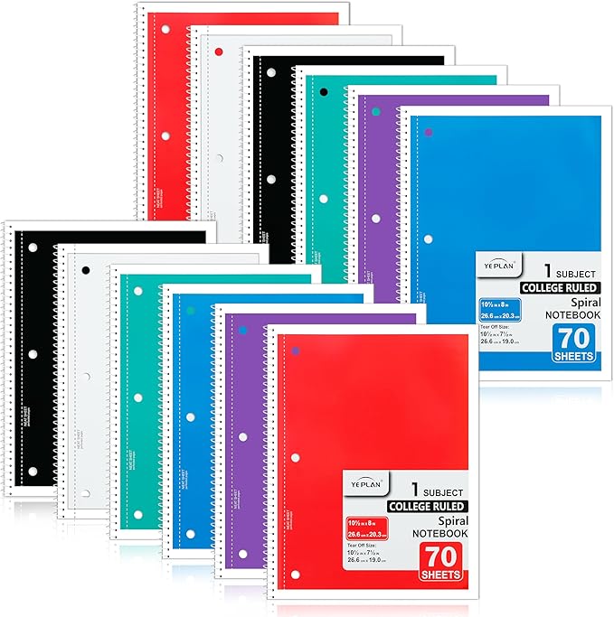 Yeplan Spiral Notebooks 12 Pack, College Ruled Notebook Paper, 1 Subject Notebook for School & Work, 8" x 10-1/2", 70 Sheets per Notebook, 6 Assorted Colors