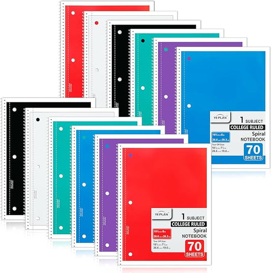Yeplan Spiral Notebooks 12 Pack, College Ruled Notebook Paper, 1 Subject Notebook for School & Work, 8" x 10-1/2", 70 Sheets per Notebook, 6 Assorted Colors