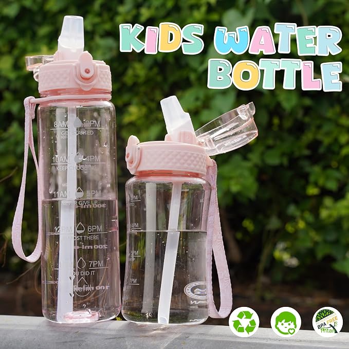 OLDLEY 17oz Kids Water Bottle, Tritan BPA-Free, Leakproof Flip Straw Lid, Motivational Time Marker, Carry Strap, Reusable Clear Water Bottle for Boys & Girls,Cherry Blossom