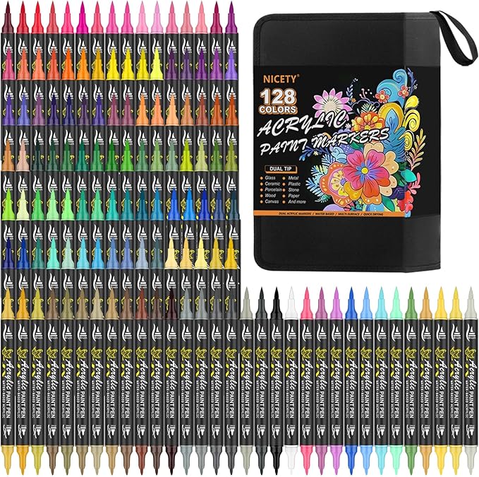 NICETY 128 Acrylic Paint Markers, Dual Tip Brush Paint Pens for Rock Painting, Wood, Glass, Stone, Canvas, Ceramic, Fabric - Fine & Brush Tip Water Based Acrylic Markers Pens