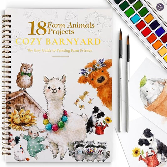 Watercolor Workbook for Beginners,18 Whimsical Farm Animal Water Coloring Book,Relaxing & Easy to Paint Water Coloring Book with 24 Colors-Perfect for Gifting to Creativity & Joy for Adults