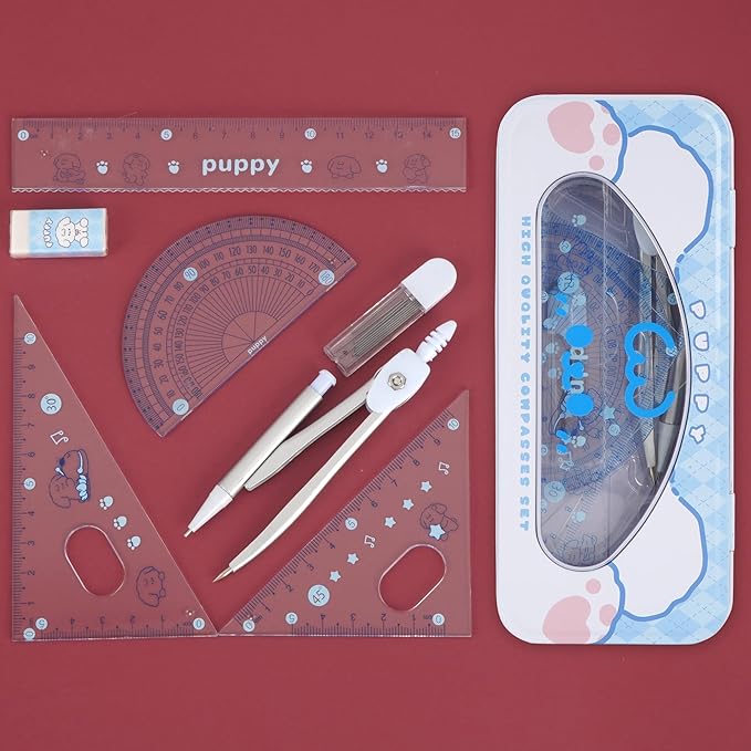 LABANCA 8 Pcs Compass Set with Protractor Rulers Pencil for Math Geometry (08336 Pattern D)