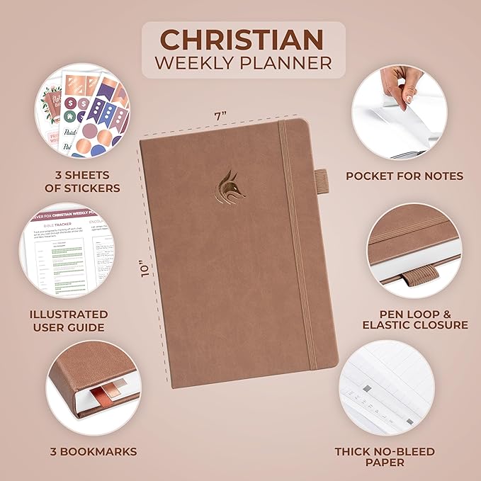 Clever Fox Christian Hourly Weekly Planner – Goal Setting Planner with Time Slots, Monthly Budget, Sermon Notes, Bible Reading Tracker (Dark Terracotta)