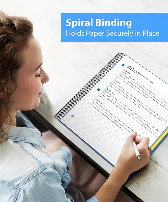 Dunwell 3-Subject Spiral Notebook College Ruled 8.5x11 (Blue), 150 Sheets (300 Pages), Tabs, Colorful Movable Divider Pockets Fit 8.5 x 11 Content, Front/Back Plastic Covers, 3-Hole Perforated Pages
