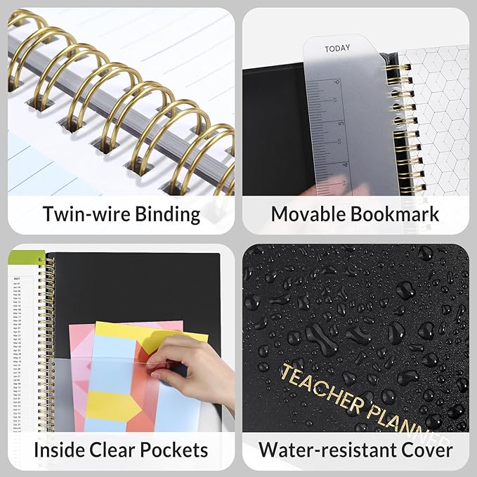 SUNEE Teacher Planner 2026-2027 Academic Year, Lite Lesson Planner Book with 7 Periods Jul 2026 - Jun 2027, 8.5"x11" Daily Weekly and Monthly Organizers, Plan Book with Pocket Folder, Color Tabs,Black