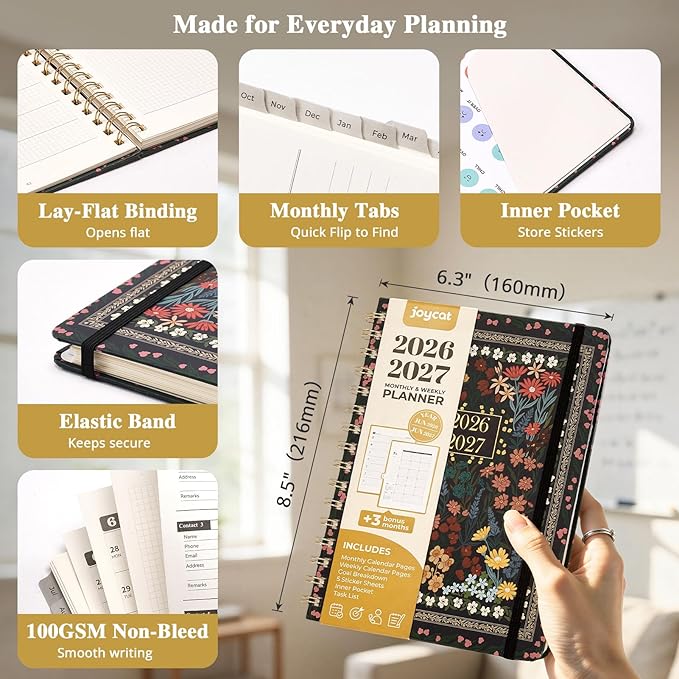 JoyCat 13-Month Academic Planner 2026-2027, June 2026 - June 2027, A5 Weekly & Monthly Planner, Hardcover Agenda with Tabs, 5 Sticker Sheets, Elastic Closure & Pocket for Teachers & Students, 6.3" x 8.5", Midnight Garden