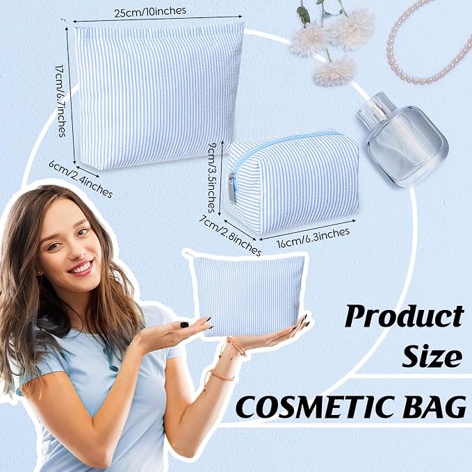 Huhumy 2 Pcs Makeup Bag Set for Women, Blue,Thin Striped Seersucker | Cute Cosmetic Pouch Women Travel Toiletry Bag Preppy Small Makeup Purse Pouch Aesthetic Skincare Brushes Storage Organizer