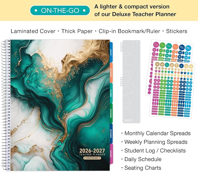 LITE TEACHER PLANNER - Aug 2026-Jul 2027, 8.5" x 11" Daily Weekly Monthly Organizers - Includes 7 Periods, Dated Calendar, Page Tabs, Bookmark, and Planning Stickers (Teal Gold Marble)