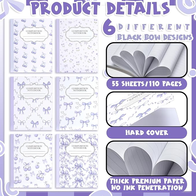 Fullhawl 6 Pack Composition Notebook College Ruled Bulk Purple Cherry Composition Notebook Aesthetic for Back to School 110 Pages 9-3/4 X7-1/2 Cute Lavender Bow Journal for First Day of School