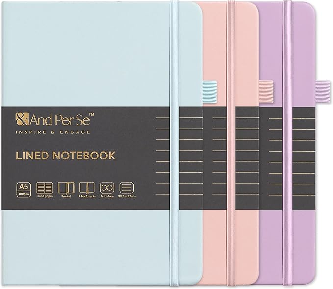 &And Per Se Lined Notebooks 3-Pack Gift Set, A5 Hardcover Journals, 160 Pages 100gsm Thick Paper, 3 Assorted Colors (Cyan, Pink & Purple) – Gift for Women