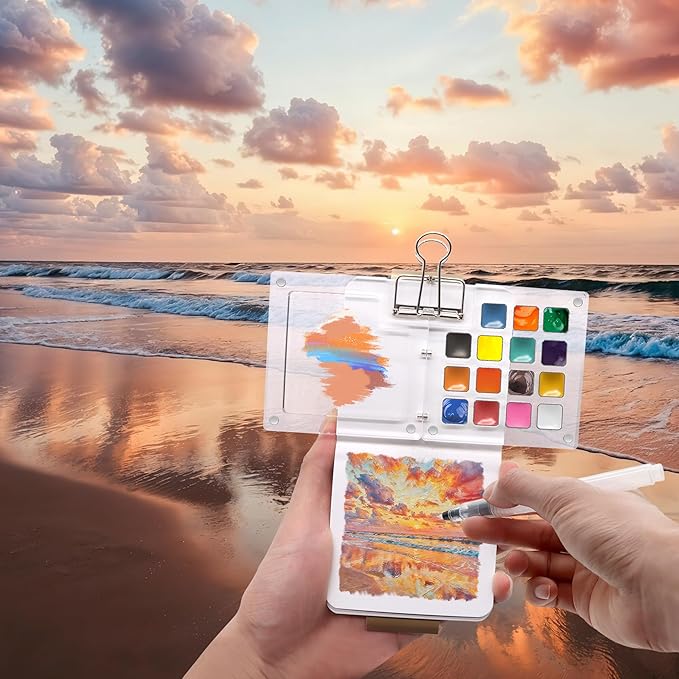 Pocket Watercolor Paint Set, 24 Vibrant Colors with 15-Well Acrylic Palette - Portable Travel Art Kit for Beginners, Artists, Outdoor Sketching & Gift