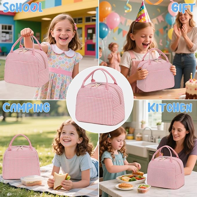 CAMTOP Lunch Box Kids Insulated Lunch Bag Large Reusable Leakproof Cooler Lunch Bags for Boys Girls School Travel Picnic (Pink and White Checkered)