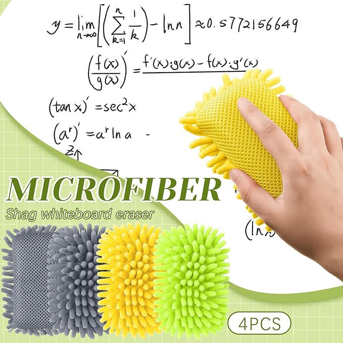 Zonon 4 Pieces Dry Erase Eraser Microfiber Shag Washable Whiteboard Eraser for Markers, Chalk, Home and Office (Green,Yellow,Gray)