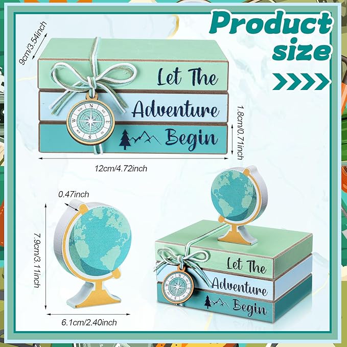 Pinkunn 4 Pcs Travel Themed Decorations Adventure Awaits Wooden Centerpieces, Let The Adventure Begin Book Stacks Table Toppers for World Bon Voyage Travel Around The World Home Office Desk Shelf