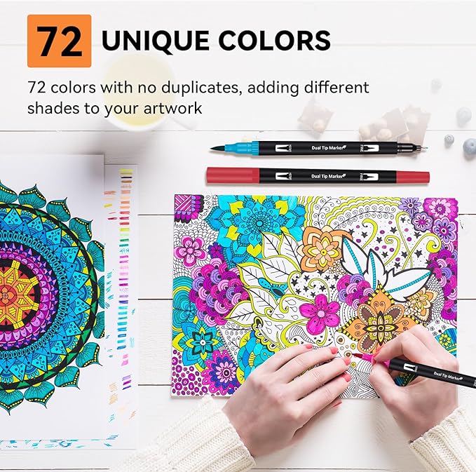 Artugn Dual Markers Brush Pens for Adult Coloring Books, 72 Colors Art Marker Set with Fine & Brush Tip Pen for Bullet Journaling, Coloring, Drawing, Hand Lettering, Calligraphy, Art Supplies