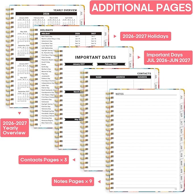 Academic Planner 2026-2027, Weekly and Monthly Calendar Book, July 2026 – June 2027, Hardcover Planner with Tabs, Perfect for Teachers, Students, Women & Men, A5 (6.4" x 8.5") - Pastel Garden