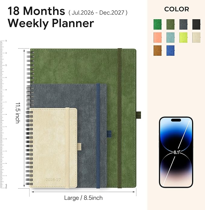 2026-2027 Planner, Daily Weekly Monthly Academic Planner, 18 Months Spiral Bound Agenda, 8.5"x11.5", Vertical Layout, Calendar Planner, Vegan Leather Soft Cover,Green