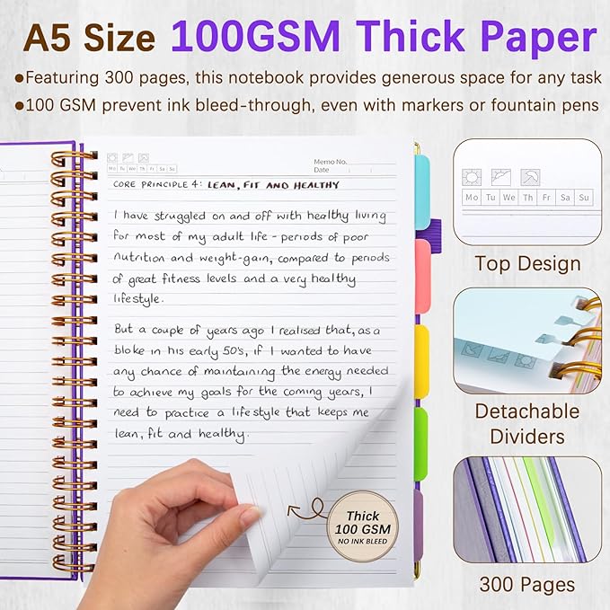 Hardcover Spiral Notebooks for Work 6.2"x 8.2", 300 Pages 5 Subject Notebook with Dividers & Tabs, A5 Spiral Journal for Women, College Ruled Notebook for School Note-Taking (Purple)