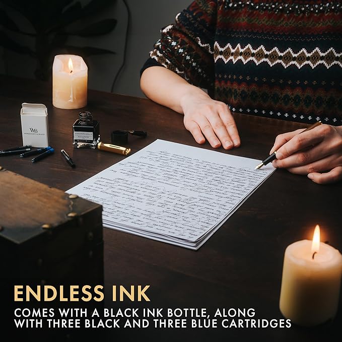 Wordsworth & Black Fountain Pen Set, 18K Gilded Medium and Extra Fine Nib, 25ML Black Bottle, 6 Ink Cartridges, Refill Converter, Smooth Writing Pens [Brown Gold], Gift Set for Men and Women