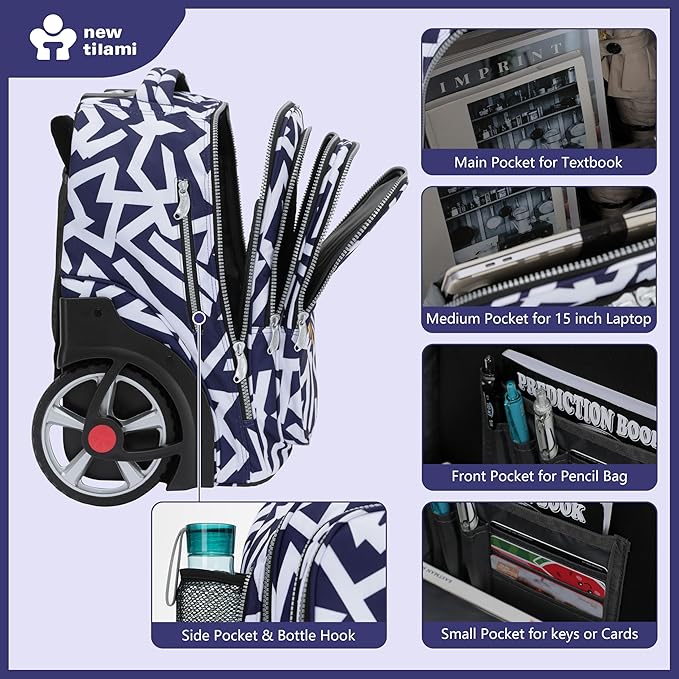 NEW TILAMI 20" Rolling Backpack for Teens Adults, Climbing Stairs Waterproof Backpack with Wheels for School Business Trave Camping with Laptop Compartment, Fit 17 Inch Laptop, Blue - White Doodle