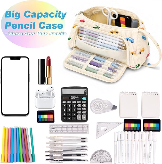 Big Capacity Pencil case,Soft Corduroy Pencil Bag with 3 Compartment Pouch Bag for School Supplies Office for Teen Girls Boys Women Man (Colorful Car)