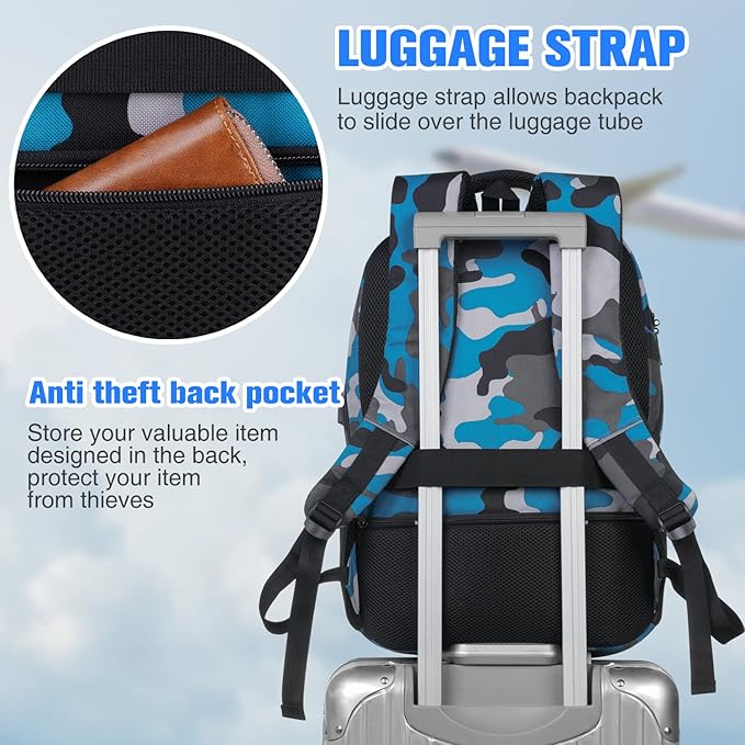 Backpack for Men,College Backpack School Bookbag for Teens,Laptop Bookbag with USB Port and Headphone Hole,Camouflage Blue