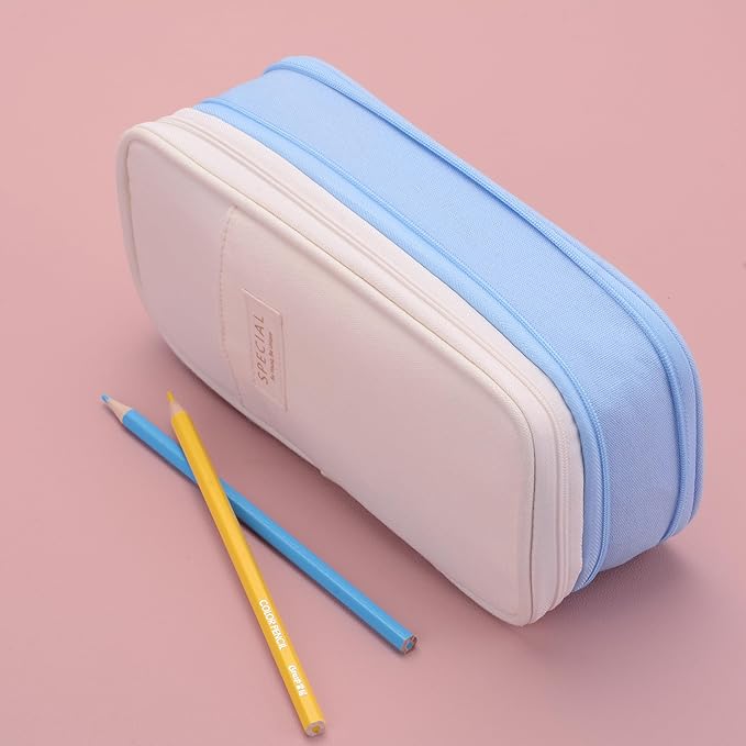 Large Capacity Canvas Pencil Case Organizer Holder Pouch Bag with Zipper Compartments, Pen Cases for Women Girls School Adults (Beige/Blue)