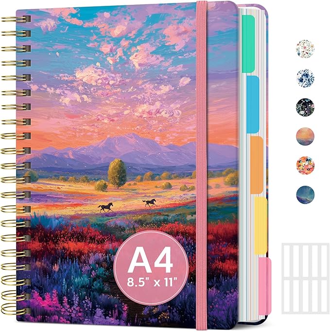 Large Spiral Lined Notebooks for Work with Removable Dividers & Tabs, 8.5"x11" Pretty Hardcover 5 Subject Notebook Journal for Women, College Ruled, for Study & Office, 280 Pages, Prairie Run