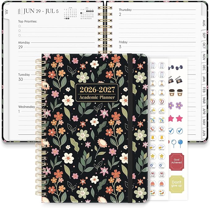 KONVINIT Academic Planner 2026-2027, 12 Months Daily Planner 2026 - July. 2026 to June. 2027, Black 2026-2027 Monthly Planner with Tabs for Student Teacher, A5 (6.1" x 8.5") Week Planner for Home, Office, School Supplies