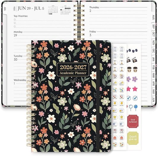 KONVINIT Academic Planner 2026-2027, 12 Months Daily Planner 2026 - July. 2026 to June. 2027, Black 2026-2027 Monthly Planner with Tabs for Student Teacher, A5 (6.1" x 8.5") Week Planner for Home, Office, School Supplies
