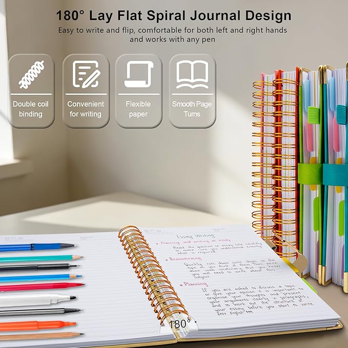 Hardcover Spiral Notebook College Ruled, 8.5"x11" Leather Journal Notebook with Magnetic Closure, 300 Pages 5 Subject Notebook with Dividers Tabs Journal for Women Men, Work, School(Golden)