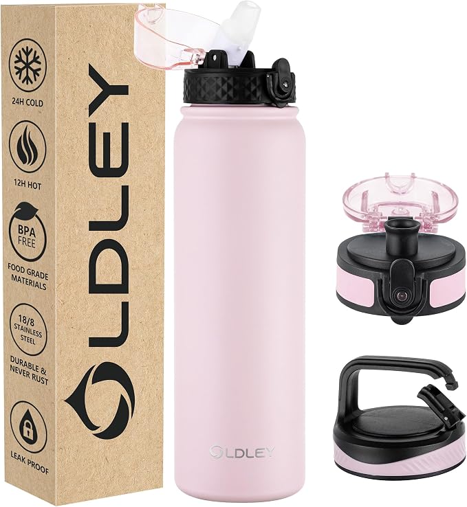 Oldley Insulated Water Bottle 32oz Water Bottles with Straw, Stainless Steel Water Bottle with 3 Lids, Double Wall Vacuum Bottels for Adults Kids, Leak-Proof Sport Bottles for School Travel, Pink