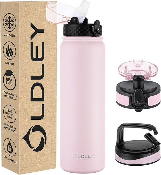 Oldley Insulated Water Bottle 32oz Water Bottles with Straw, Stainless Steel Water Bottle with 3 Lids, Double Wall Vacuum Bottels for Adults Kids, Leak-Proof Sport Bottles for School Travel, Pink