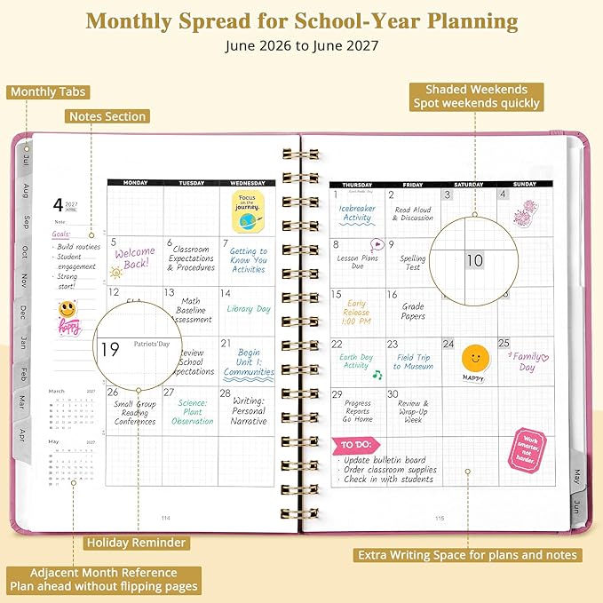 JoyCat 13-Month Academic Planner 2026-2027, June 2026 - June 2027, A5 Weekly & Monthly Planner, Hardcover Agenda with Tabs, 5 Sticker Sheets, Elastic Closure & Pocket for Teachers & Students, 6.3" x 8.5", Pink