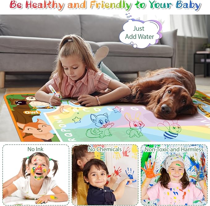 BlissfulBlend Water Doodle Mat Kids Mess Free Coloring for Toddlers 3 4 5 6 7 8 9 Years, 19 Pack Educational Toys, Doodle Mat with Magic Water Pens Boys Girls Christmas Birthday Holiday Present