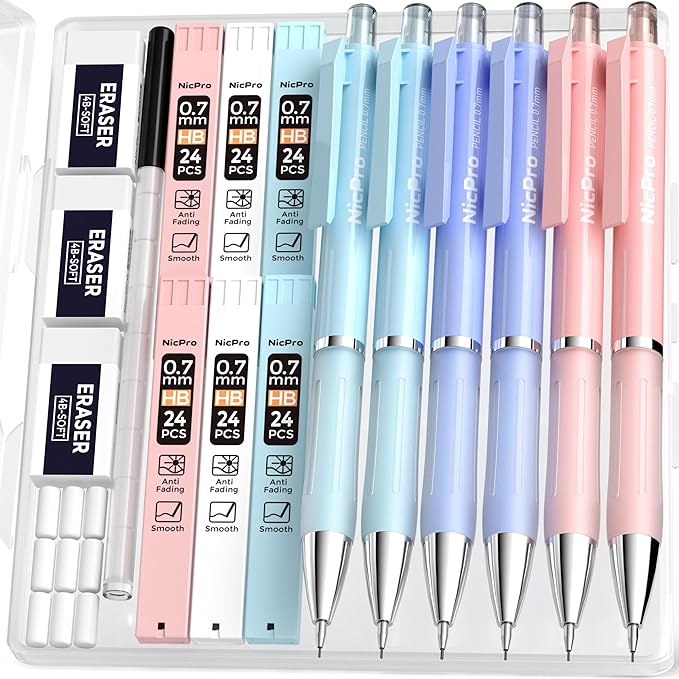 Nicpro 6PCS Cute Mechanical Pencil Set with Case, 0.7 mm Mechanical Pencils with 6 Tube HB Lead Refill, 3PCS Eraser, 9PCS Eraser Refill for School Supplies Student Writing, Drafting Drawing Sketching
