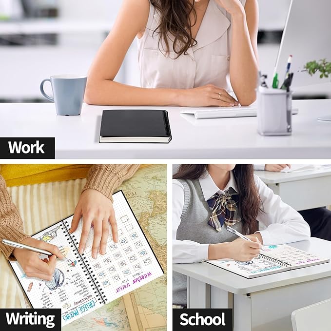 AHGXG Dotted Journal - Dot Grid Spiral Notebook B5, 140 Pages, 100 GSM Thick Paper, Waterproof Plastic Cover Journals for Journaling, Sketching, 7.6" x 10", Black
