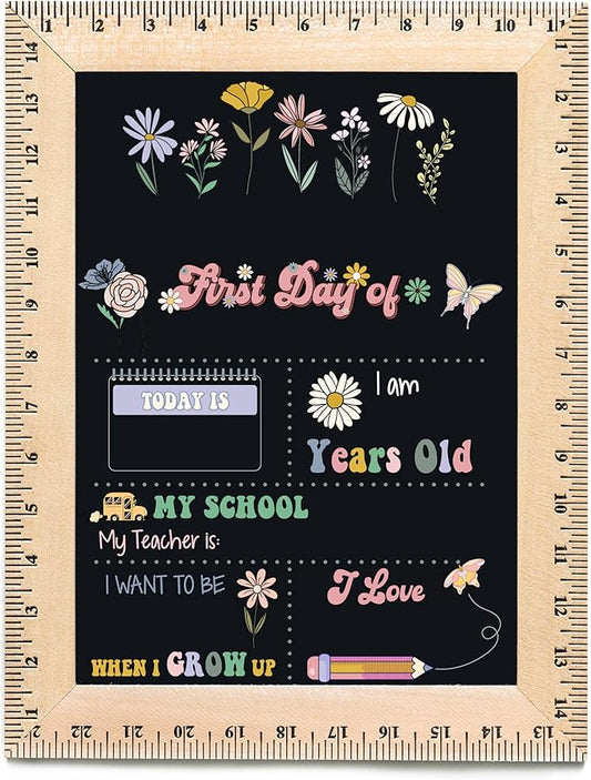 First Day of School Sign (11.5"x15"), Reusable Chalkboard, Easy to Clean with Real Wooden Ruler Frame, Perfect for Back to School, First Day of Kindergarten (Groovy Flowers)