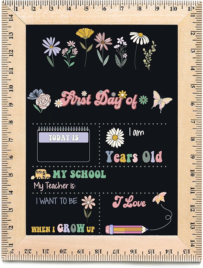 First Day of School Sign (11.5"x15"), Reusable Chalkboard, Easy to Clean with Real Wooden Ruler Frame, Perfect for Back to School, First Day of Kindergarten (Groovy Flowers)