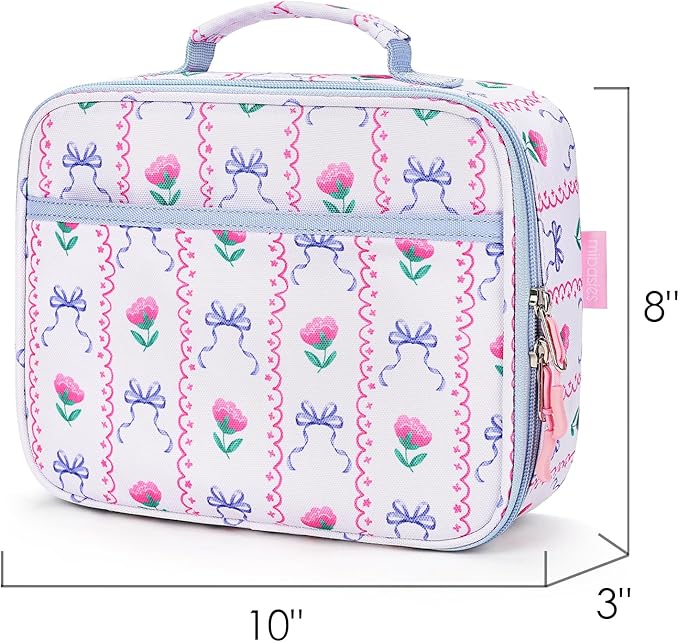 mibasies Kids Lunch Box for Girls Toddler, Insulated and Reusable Lunch Bag for School, Bowknot Rose Sky Blue